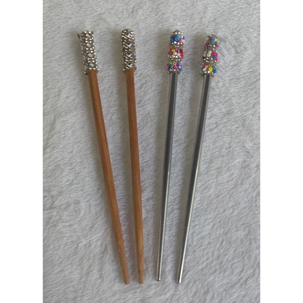Set of 4 Beaded Rhinestone Hair Sticks Wood and Metal 7 Inch Hair Accessories